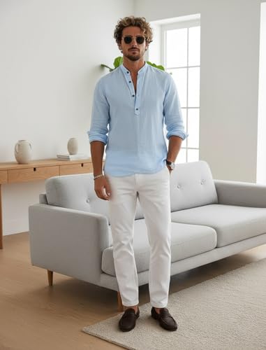 Image of Men's Cotton Blend Straight Kurta Shirt with Mandarin Collar - Slim Fit Casual Short Kurti Featuring Textured Slub Fabric and Roll-Up Full Sleeves