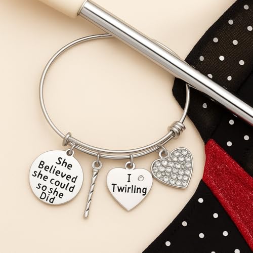 Sportybella Baton Twirling Charm Bangle Bracelet- Twirling Jewelry - She Believed She Could Twirl- Majorette Bracelet- Gift For Baton Twirler3