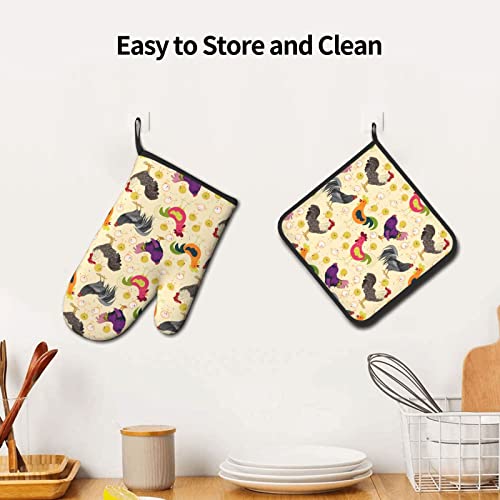 Deyimeri Chickens Rooster Oven Mitts And Pot Holders Sets,Heat Resistant Oven Gloves With Hanging Loop For Safe Kitchen,Cooking,Baking,Grilling #TOP5