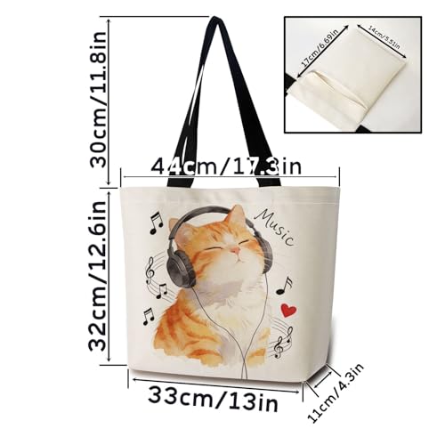 Bolso tote con diseño de auriculares y gato, bolso de hombro ligero y lavable, regalo estético para mujeres y amigas miniatura 4