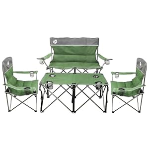 Northroad Folding Camping Chair Set of 4, Portable Collapsible Conversation Set w/1 Sofa, 2 Single Chairs, 1 Table for Family Patio, Outdoor Travel, Beach(Green)