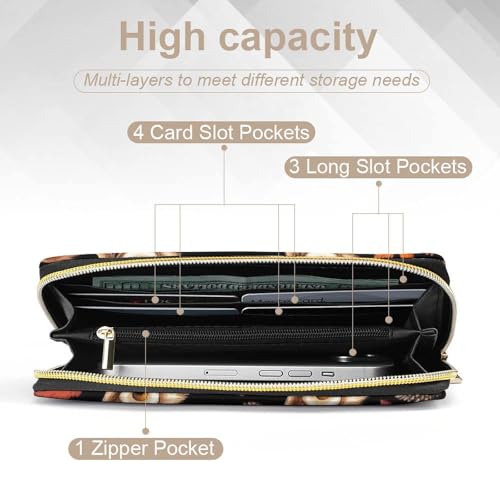 Girl's Long PU Wallet, Travel Purse Fashion Design, Huge Storage Capacity Purse, Cute Decor Zipper Wallet Floral Owls Fall Leaves Mushroom4