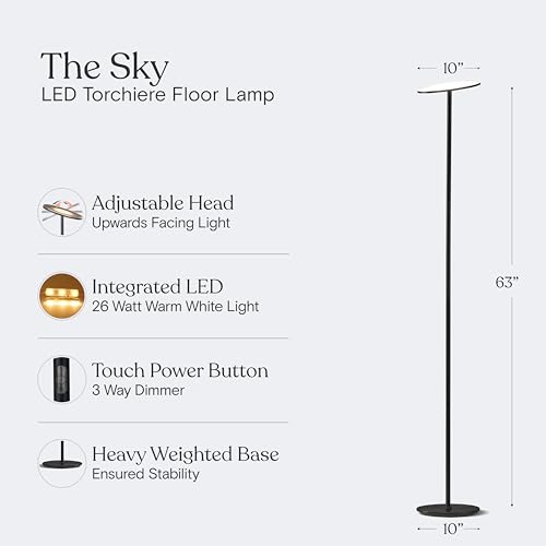 Image of Brightech Sky LED Floor lamp, Torchiere Super Bright Floor Lamp for Living Room Decor & Office - Dimmable, Tall Standing Torch Lamp with Warm Light for Bedroom & Reading - Black