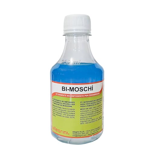 Allegrini Bi-Moschì Liquido Lavavetri Auto Detergente Bicomponente per Tergicristalli Concentrato Elimina Sporco Insetti e Moscerini Migliora la Visibiltà e Rilascia Un Fresco Profumo di Menta 250 ml