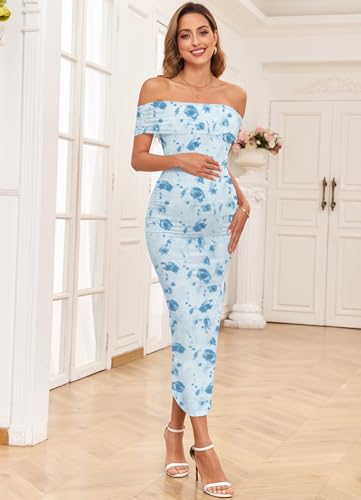 Image of AISWI Maternity Mesh Split Dress Off The Shoulder Ruched Bodycon Pregnancy Dresses Baby Shower Photoshoot, Without Belt, Floral3: Blue Rose, Large