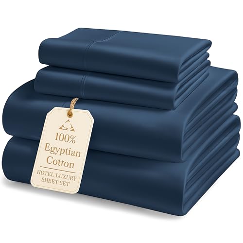 Image of LANE LINEN 100% Egyptian Cotton Bed Sheets King Size - Long Staple Mercerized Cotton, Luxury Hotel-Quality, 16 inch Deep Pocket King Sheet Set with Reinforced French Seams - Dark Blue