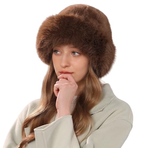 ZGMYC Faux Fur Trimmed Beanie Hats for Women Girls Russian Style Furry Winter Bucket Hats Warm Ski Snow Hat