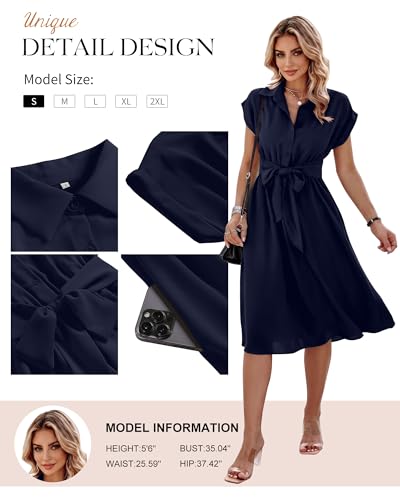 Image of ECOWISH Womens Casual Midi Dresses Solid V Neck Short Sleeve Button Shirt Belted Dress with Pockets for Spring Summer 2026