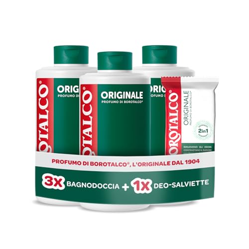 Borotalco, Kit con 3 Bagnodoccia e Deo-Salviette, Azione Detergente e Deodorante, con Molecole Anti‑Odore, Durata 48h, 0% Alcol, per Uso Quotidiano, 3x500 ml, 12 Salviette - Esclusiva Amazon