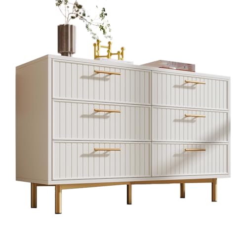 Armario de almacenamiento de 6 cajones con asas doradas y patas de metal, cómoda ancha para dormitorio y sala de estar, aparador de madera de diseño acanalado moderno con patas ajustables, muebles de