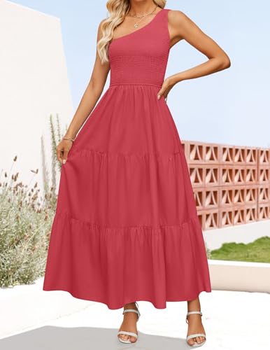 Image of ZESICA Women's 2026 Bohemian Summer Floral Print One Shoulder Sleeveless Smocked Ruffle Tiered Beach Long Midi Dress