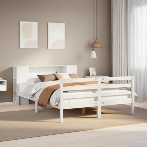 QZZCED Cama con Estantería de Madera Maciza Blanca 120x190 cm, Cabecero con Almacenamiento y Somier de Láminas para Soporte Óptimo, Estructura Duradera y Diseño Ahorrador de Espacio