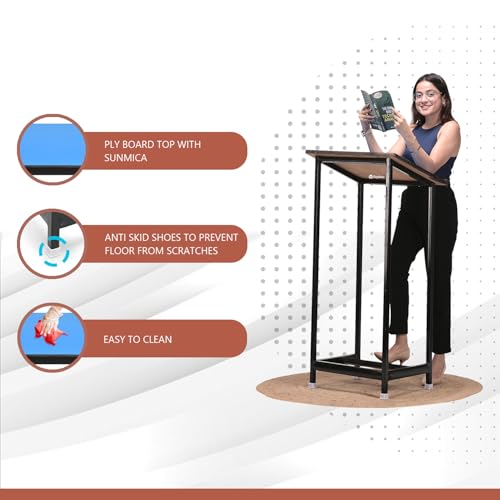 Image of Teachers /podium /portable durable lecture stand of cast iron support frame with powder coated paint and wooden top (Blue, With Four Pipe Support)