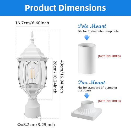 Image of 17 inch White Outdoor Post Light Fixture, Pole Mount Outside Light for Garden Entrance Driveway White Pillar Lantern 17 Inch Pier Mount Outdoor Lamp Post for Front Yard