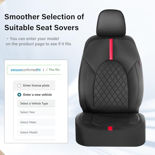 Image of Coverado Car Seat Covers, Seat Covers for Cars, Front Car Seat Covers Protector Waterproof, Leather Car Seat Cushion Universal Fit for Most Cars (Black-Red)