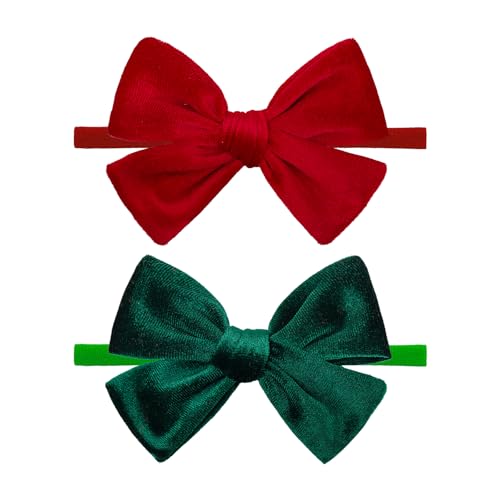 Christmas Baby Bows Handmade Velvet Headbands Tied Bow Elastic Nylon Hair Accessories for Baby Girls Newborn Infant 2 Pcs Christmas Gift Red Green