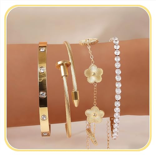 iGenztech Gold Bracelets for Women (Sturdier Version) 4PCS Gold Bracelet Stack Set, Real 18K-Gold Plated Bracelet (Better Tarnish & Water Resistance) Tennis Love Nail Clover Bangle Bracelets for Women