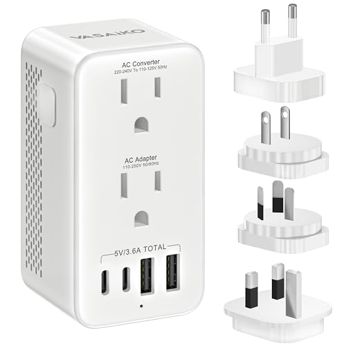 VASAIKO Voltage Converter US to Europe Travel Adapter Voltage Converter to Step Down 220V to 120V Power Converter with 2 USB-A 2 USB-C Port & UK/AU/US/IT/European Travel Plug Adapters