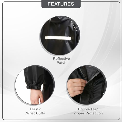 Image of Amazon Brand - Symactive Reversible Double Layered Standard Length Hooded Raincoat with Pants for Kids (Unisex) | Waterproof | Elastic Cuffs | Age 11-13 Years | Black