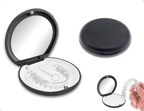 OHYANYAO Zahnspangendose,Tragbarer Gebissdose mit Magnetische Schnalle und Spiegel,Zahnprothesen Behälter,für Reisen und Täglichen Gebrauch(Schwarz)
