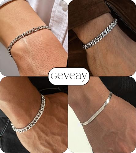 Men's Stainless Steel Silver Bracelets,6Pcs Adjustable Trendy Cuban Link Chain Bracelet Set Men Jewelry Gifts(Silver/Gold/Black,7+1.2 inch)4