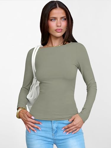 Image of ANRABESS Women's Boat Neck Long Sleeve Shirts Rib Knit Slim Fitting Tops Basic Tees 2026 Casual Comfy Fall Outfits Clothes