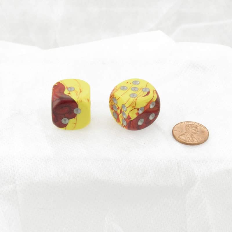 Red and Yellow Gemini Dice with Silver Pips 20mm (3/4in) D6 Pack of 2 Wondertrail