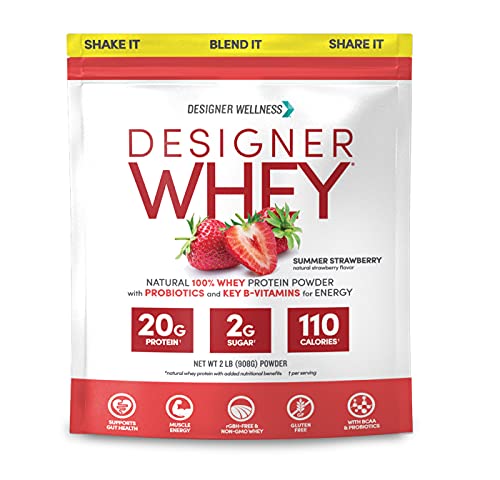 Image of Designer Wellness, Designer Whey, Natural Whey Protein Powder with Probiotics, Fiber, and Key B-Vitamins for Energy, Gluten-Free, Summer Strawberry, 2 lb