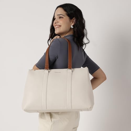 Image of Fastrack Structured Laptop Tote Bag for Women | Faux Leather Work Bag with 15-Inch Padded Sleeve, 3 Compartments, Utility Pockets, Zip Closure | Elegant Office and Travel Tote
