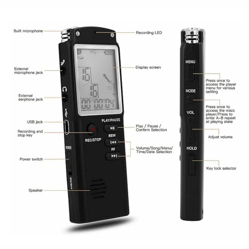 Image of DDLC 8GB Professional Digital Audio Voice Recorder with LCD | HD Noise Reduction | Voice Activated Recording | A-B Repeater and Long-Time Recording Capacity for Students & Professionals