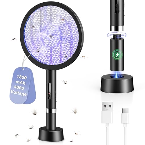 BKXCHA 2 in1 Raqueta Mosquitos Electrica, 4000V Raqueta Matamoscas Electrica Fuerte, 1800mAh USB-C Recargable Raqueta Antimosquitos Portátil y Lámpara UV con Malla Segura de 3 Capas, Dos Modos, Blanco