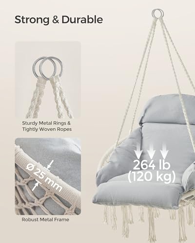 Image of SONGMICS Hanging Chair, Hammock Chair with Large, Thick Cushion, Boho Swing Chair for Bedroom, Patio, Balcony, Garden, Holds up to 264 lb, Accessories Included, Cream White and Dove Gray UGDC042G01 | Hammock Chair with Large, Thick Cushion, Boho Swing Chair for Bedroom, Patio, Balcony, Cream White and Dove Gray UGDC042G01