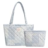 Linpr Quilted Tote Bag for Women, Small Floral Handbags, Fashion Cotton Shoulder Bags Set for Shopping Work (Patchwork Blue Set)
