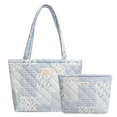 Linpr Quilted Tote Bag for Women, Small Floral Handbags, Fashion Cotton Shoulder Bags Set for Shopping Work (Patchwork Blue Set)