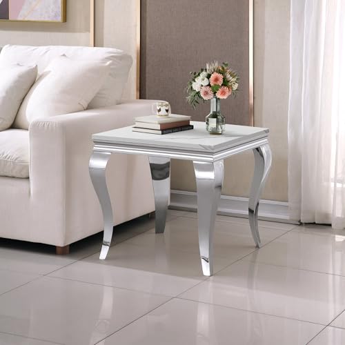 Image of Luxury Marble Side Table, Square End Table with Faux Marble Tabletop & Silver Stainless Steel S Legs, Modern Sofa Side Table for Living Room, Bedroom, Home Decor