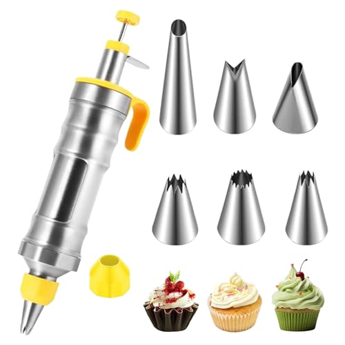 HAPPOW Tortenspritze, Sahnespritze, Garnierspritze Edelstahl mit 6 Spritztüllen, Spritzbeutel Wiederverwendbar, für Cupcakes, Kuchen, Kekse, Donuts, Gebäck (Gelb)