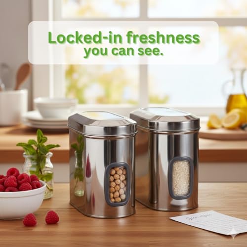 Image of Stainless Steel Kitchen Storage Containers Set of 2 | Airtight Food Canisters with Transparent Window | Multipurpose Capsule Jars for Rice, Pulses, Grains, Snacks (2000, Milliliters)