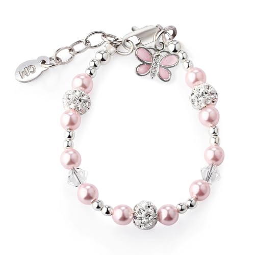 Cherished Moments Sterling Silver Pink Butterfly Charm Bracelet for Babies, Toddlers or Little Girls. High-End Simulated Pink Pearls, Crystals and Stardust Beads, Gift for Birthday or Granddaughter