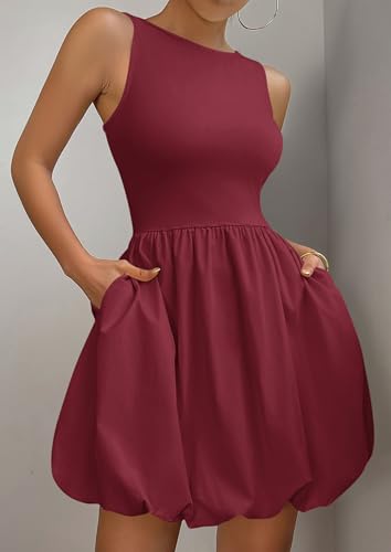 Image of PRETTYGARDEN Summer Dresses for Women 2026 Casual Mini Short Cocktail Dress Sleeveless Tank Crew Neck Bubble Sundress Pockets