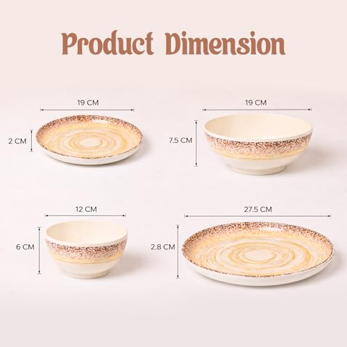 Image of MARKET 99 Cream Spiral Melamine Dinner Set 14 Pieces, Glossy Round Dinnerware with 6 Full Plates, 6 Quarter Plates, 6 Soup Bowls & 2 Serving Bowls, Food Safe & Refrigerator Safe