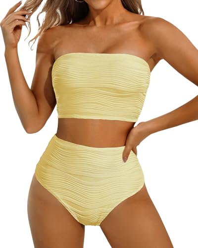 Image of High Waisted Bandeau Bikini Set - Women Strapless Two Piece Swimsuits Ribbed Longline Full Coverage Bathing Suits Swimwear