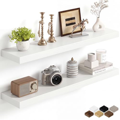 Image of Fun Memories 36Inch Floating Shelves for Wall, 8 Inch Deep Shelves for Bathroom|Bedroom|Kitchen, Large Wall Mounted Wood Hanging Shelf with Invisible Brackets for Home Storage Decor, White - 2 Pack