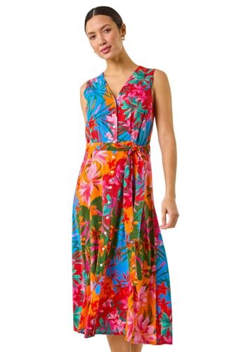 Roman Originals Tropical Print Button Through Midi Dress for Women UK - Ladies Everyday Holiday Spring Summer V-Neckline Comfy Soft Evening Vacation Work Party - Orange - Size 16