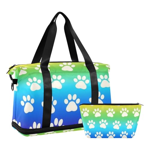 Bolsa grande colorida con estampado de huellas de arco iris, correa ajustable y compartimento húmedo 1