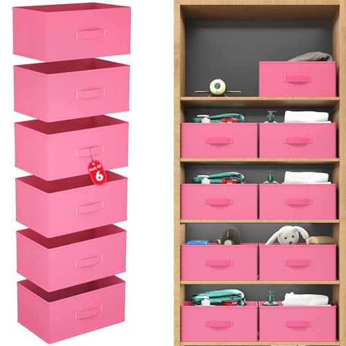 Kuber Industries 6 organizadores de armario no tejidos de 26 litros para almacenamiento, organizador de cajones, caja de almacenamiento multiusos para ropa, libros y juguetes, color rosa