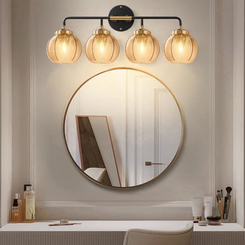 Image of 4Lights Bathroom Vanity Light Fixture Amber Glass Globe Wall Sconce | Mid Century Modern Vintage 5.9″ Ribbed Glass Shade Black Gold Finish 27.2″ for Bathroom Over Mirror Bedroom Hallway