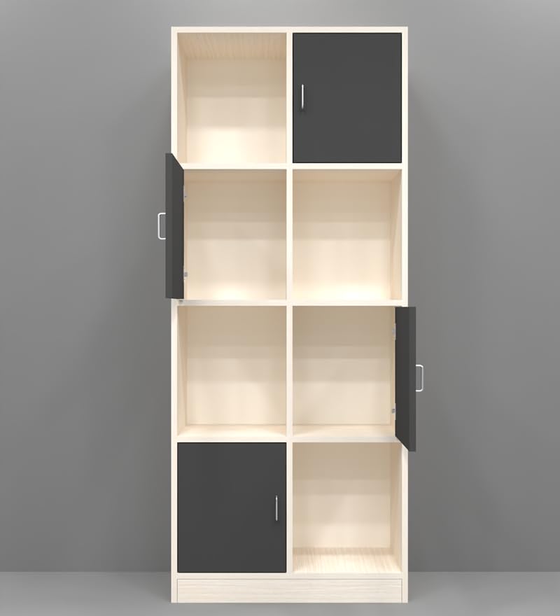 Image of SPECIALITY PANELS 8 Cube Bookshelf with 4 Shutters, White and Grey Storage Organizer, 73x35x176 cm, Carpenter Assembly Provided