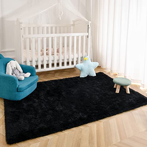 Kimicole Black Area Rug For Bedroom Living Room Carpet Home Decor, Upgraded 4X5.9 Cute Fluffy Rug For Apartment Dorm Room Essentials For Teen Girls Kids, Shag Nursery Rugs For Baby Room Decorations #TOP3