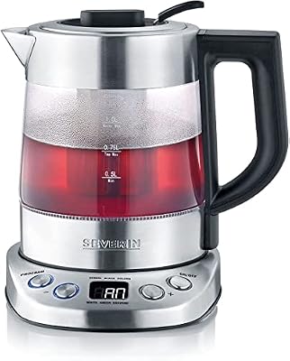 Severin Bouilloire Eau et Thé, 1L, 2 200W, 5 Programmes d'Infusion Préréglés, Température et Temps Réglables, Verre/Inox, WK 3473