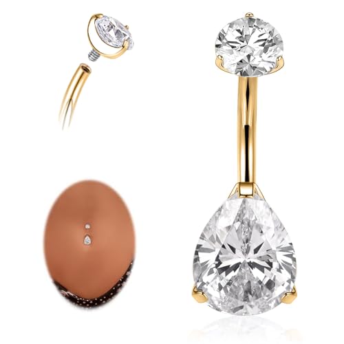 AROWRO Gold Belly Button Ring G23 Titanium Hypoallergenic 14G belly ring for Women Men Teardrop Navel Piercing Jewelry 10mm Gold Barbell With Clear Cubic Zircon